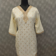 Women's Cream Embroidered Cotton Silk Kurta Set with Palazzos & Dupatta