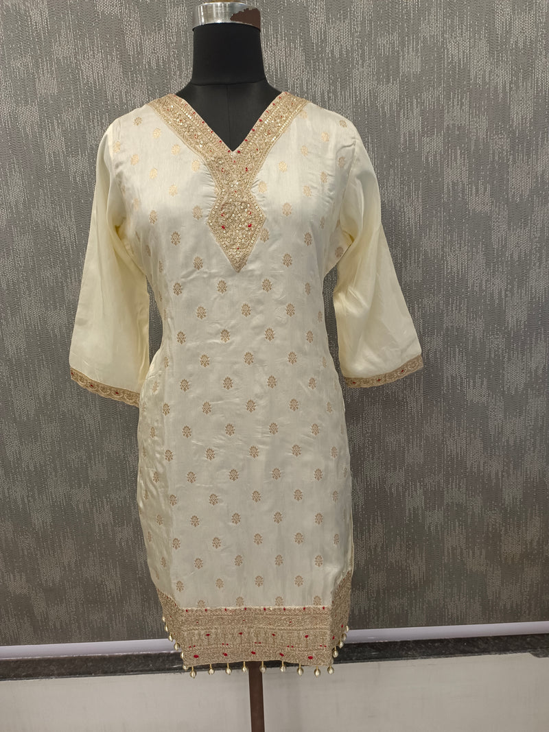 Women's Cream Embroidered Cotton Silk Kurta Set with Palazzos & Dupatta