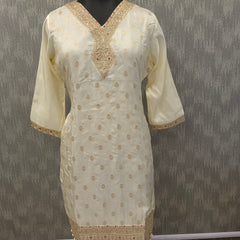 Women's Cream Embroidered Cotton Silk Kurta Set with Palazzos & Dupatta