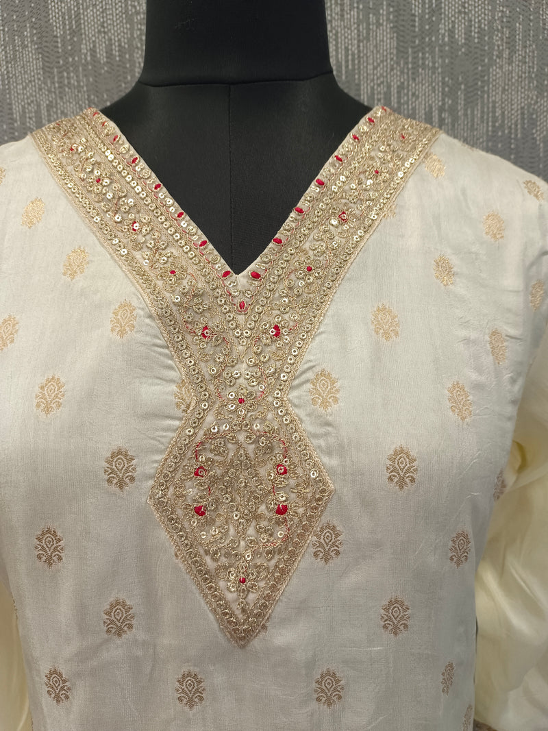 Women's Cream Embroidered Cotton Silk Kurta Set with Palazzos & Dupatta