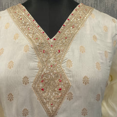 Women's Cream Embroidered Cotton Silk Kurta Set with Palazzos & Dupatta
