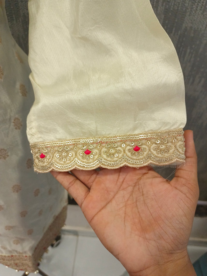 Women's Cream Embroidered Cotton Silk Kurta Set with Palazzos & Dupatta