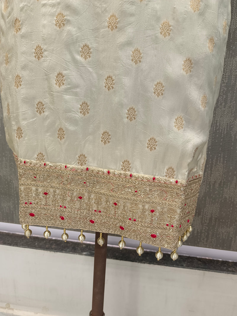 Women's Cream Embroidered Cotton Silk Kurta Set with Palazzos & Dupatta