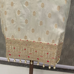 Women's Cream Embroidered Cotton Silk Kurta Set with Palazzos & Dupatta