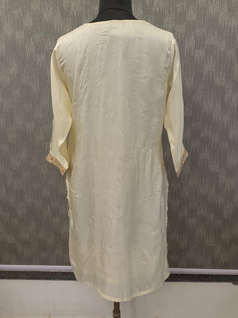 Women's Cream Embroidered Cotton Silk Kurta Set with Palazzos & Dupatta