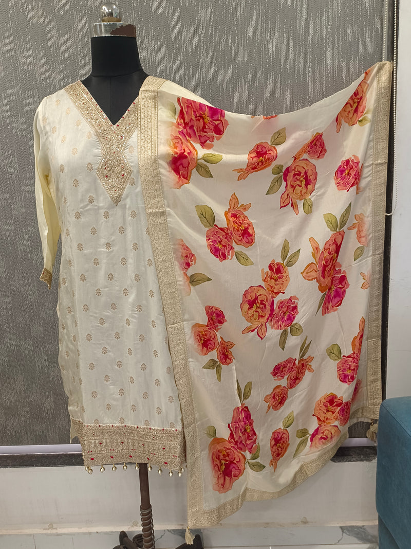 Women's Cream Embroidered Cotton Silk Kurta Set with Palazzos & Dupatta