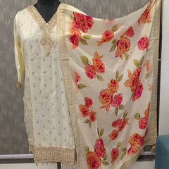 Women's Cream Embroidered Cotton Silk Kurta Set with Palazzos & Dupatta