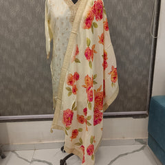 Women's Cream Embroidered Cotton Silk Kurta Set with Palazzos & Dupatta
