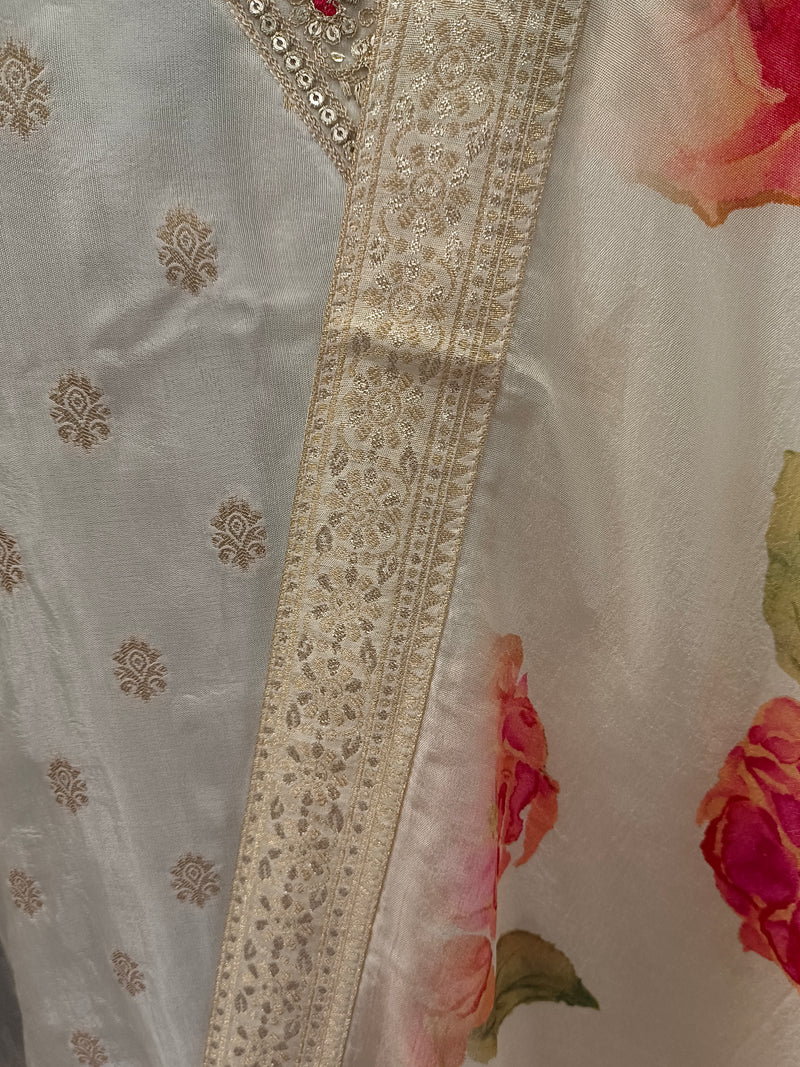 Women's Cream Embroidered Cotton Silk Kurta Set with Palazzos & Dupatta