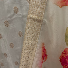 Women's Cream Embroidered Cotton Silk Kurta Set with Palazzos & Dupatta