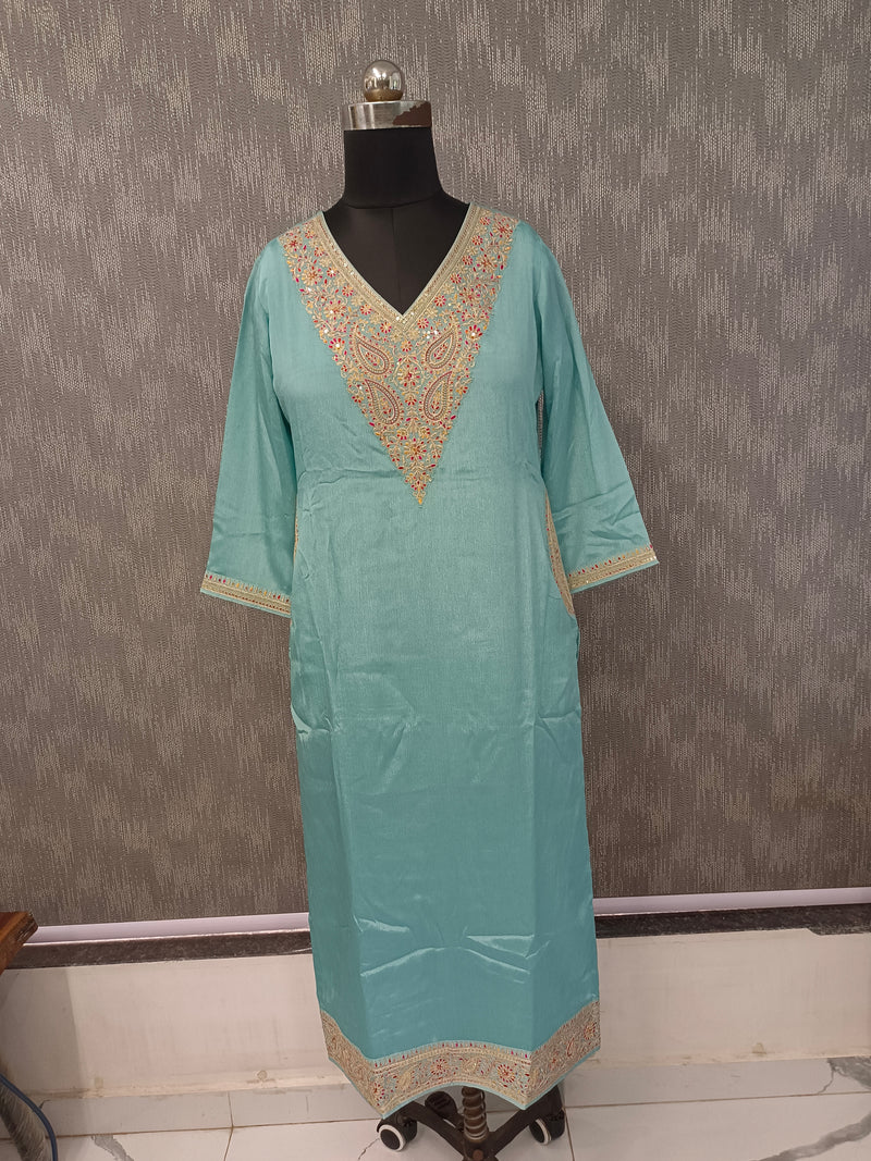 Women's Blue Embroidered Cotton Silk Kurta Set with Trousers & Dupatta