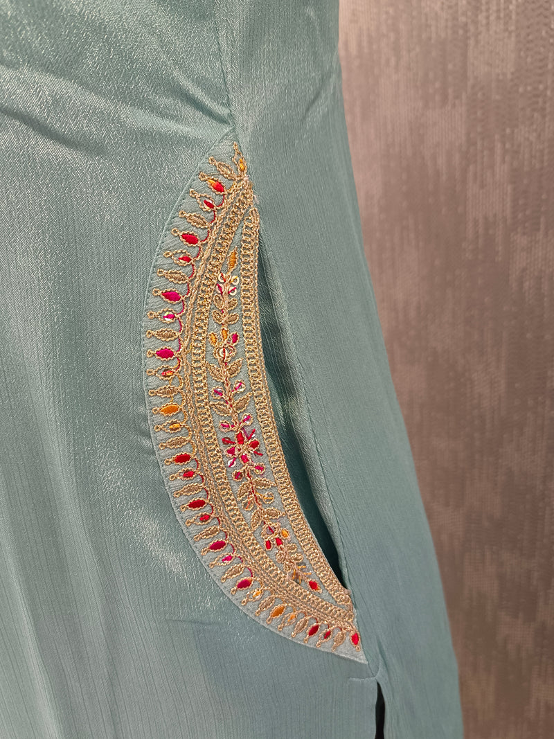 Women's Blue Embroidered Cotton Silk Kurta Set with Trousers & Dupatta