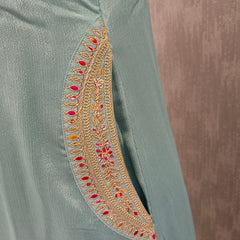 Women's Blue Embroidered Cotton Silk Kurta Set with Trousers & Dupatta