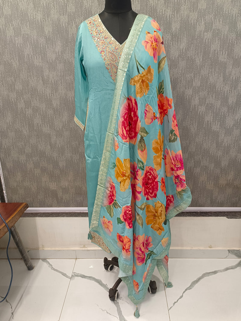 Women's Blue Embroidered Cotton Silk Kurta Set with Trousers & Dupatta