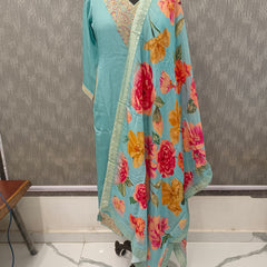 Women's Blue Embroidered Cotton Silk Kurta Set with Trousers & Dupatta