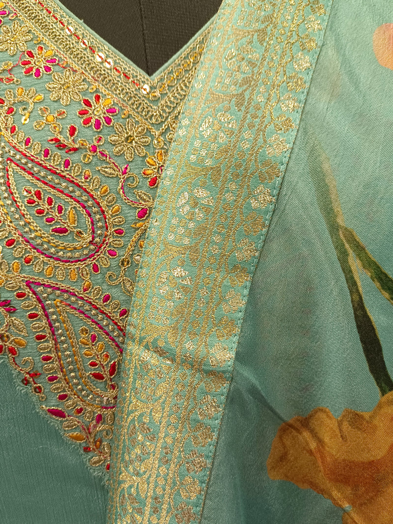 Women's Blue Embroidered Cotton Silk Kurta Set with Trousers & Dupatta
