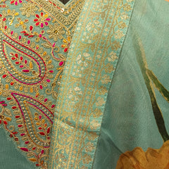 Women's Blue Embroidered Cotton Silk Kurta Set with Trousers & Dupatta