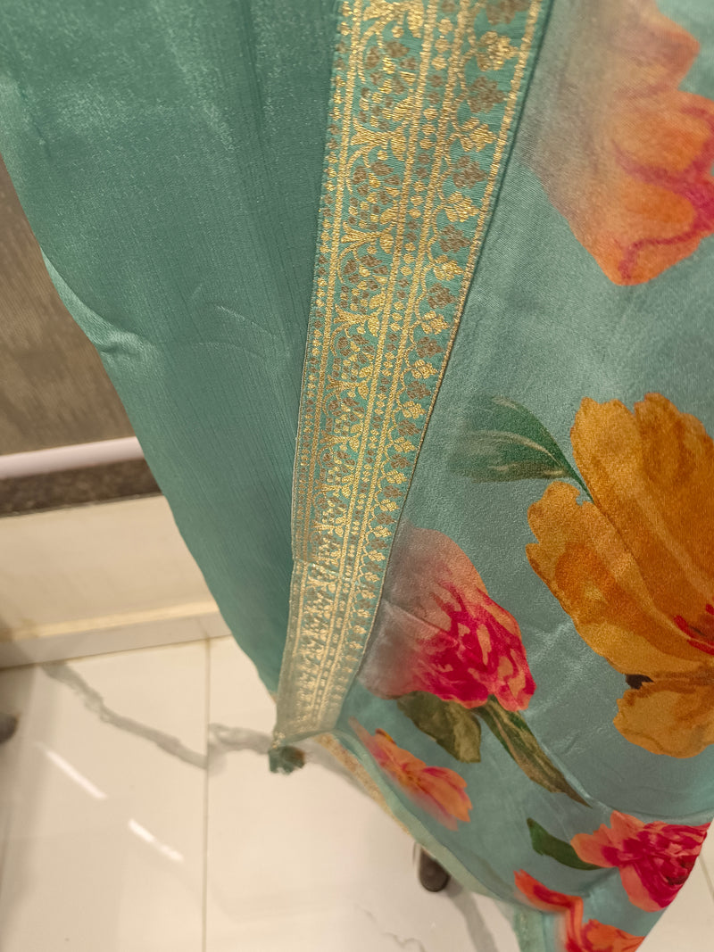 Women's Blue Embroidered Cotton Silk Kurta Set with Trousers & Dupatta