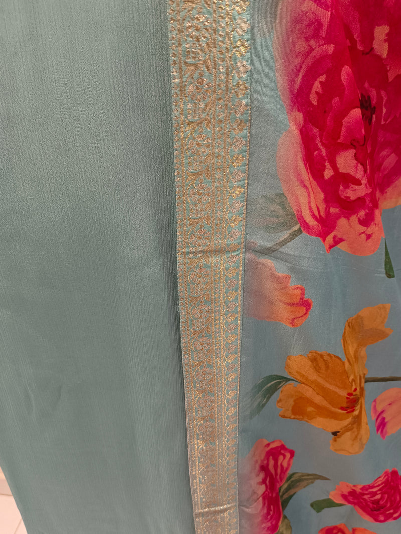Women's Blue Embroidered Cotton Silk Kurta Set with Trousers & Dupatta