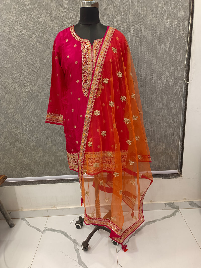 Women's Pink Embroidered Cotton Silk Kurta Set with Dhoti Pants & Dupatta