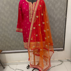 Women's Pink Embroidered Cotton Silk Kurta Set with Dhoti Pants & Dupatta