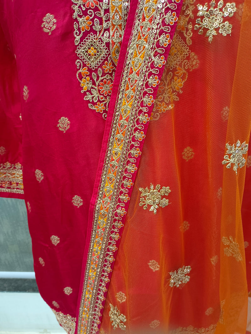 Women's Pink Embroidered Cotton Silk Kurta Set with Dhoti Pants & Dupatta