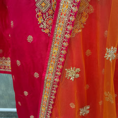 Women's Pink Embroidered Cotton Silk Kurta Set with Dhoti Pants & Dupatta