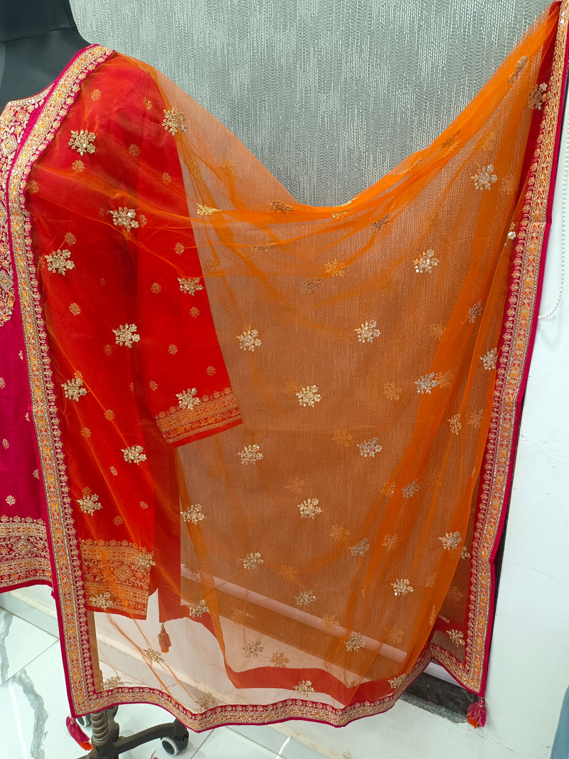 Women's Pink Embroidered Cotton Silk Kurta Set with Dhoti Pants & Dupatta