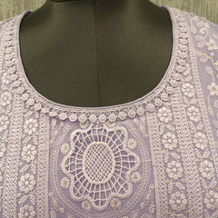 Women's Lavender Embroidered Cotton Silk Kurta Set with Dupatta