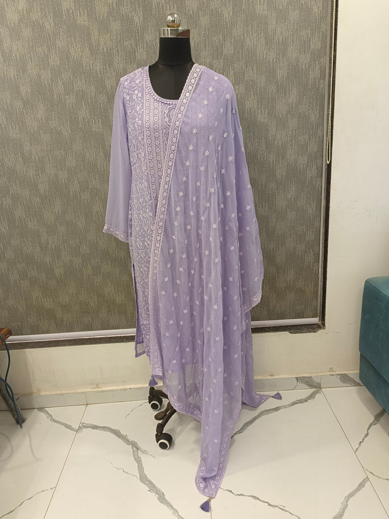 Women's Lavender Embroidered Cotton Silk Kurta Set with Dupatta