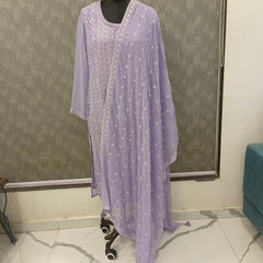 Women's Lavender Embroidered Cotton Silk Kurta Set with Dupatta
