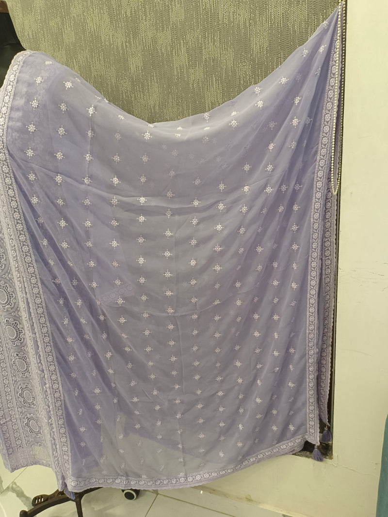 Women's Lavender Embroidered Cotton Silk Kurta Set with Dupatta