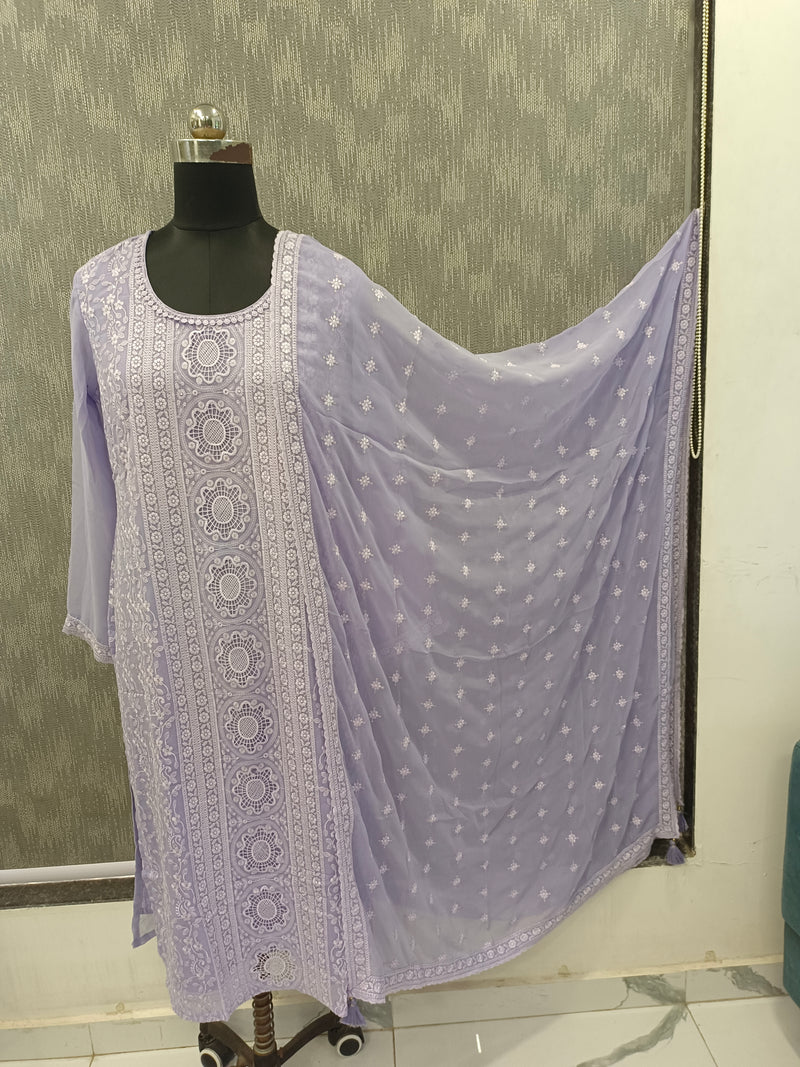 Women's Lavender Embroidered Cotton Silk Kurta Set with Dupatta