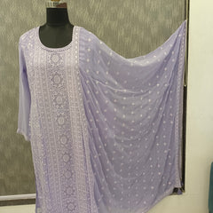 Women's Lavender Embroidered Cotton Silk Kurta Set with Dupatta