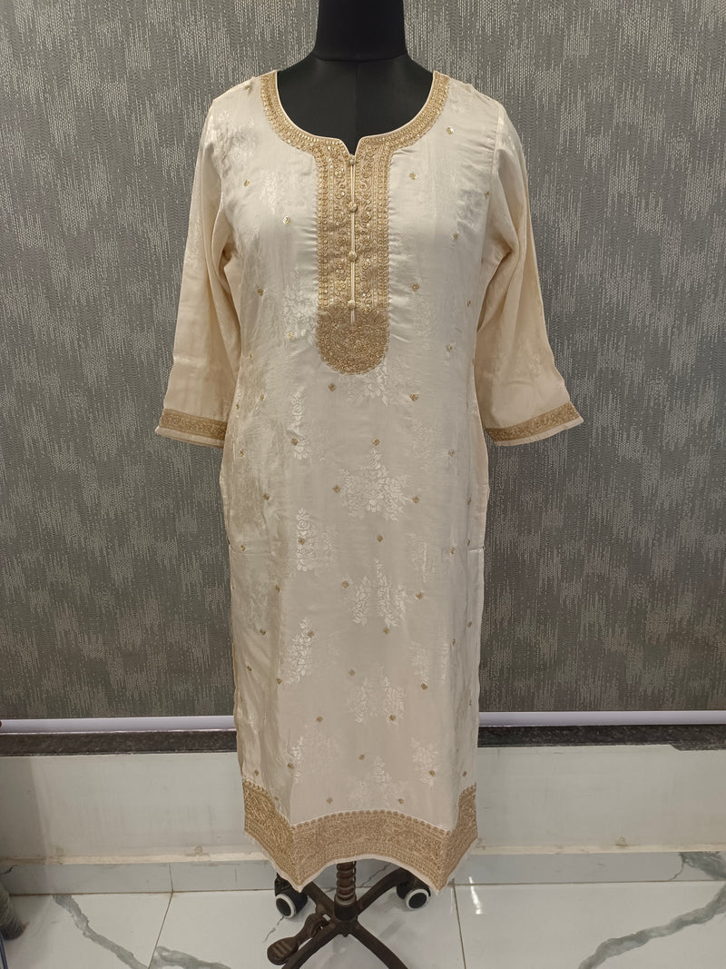 Women's Cream Embroidered Cotton Silk Kurta Set with Trousers & Dupatta