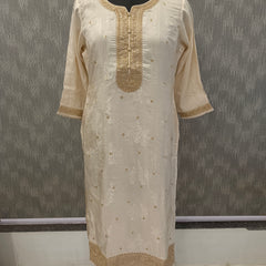 Women's Cream Embroidered Cotton Silk Kurta Set with Trousers & Dupatta