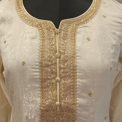 Women's Cream Embroidered Cotton Silk Kurta Set with Trousers & Dupatta
