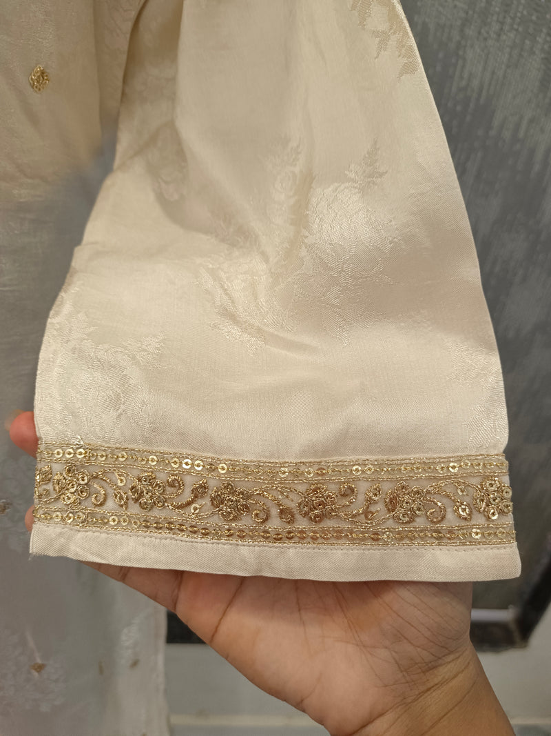 Women's Cream Embroidered Cotton Silk Kurta Set with Trousers & Dupatta