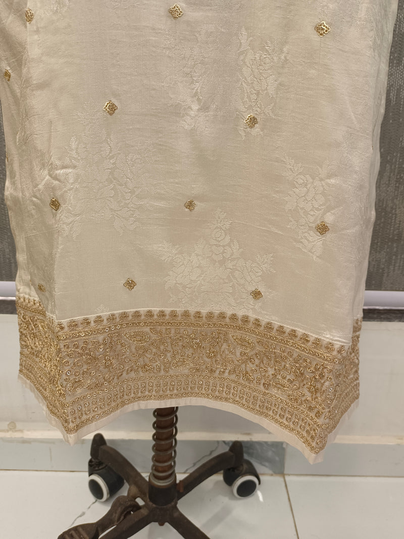 Women's Cream Embroidered Cotton Silk Kurta Set with Trousers & Dupatta