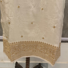 Women's Cream Embroidered Cotton Silk Kurta Set with Trousers & Dupatta