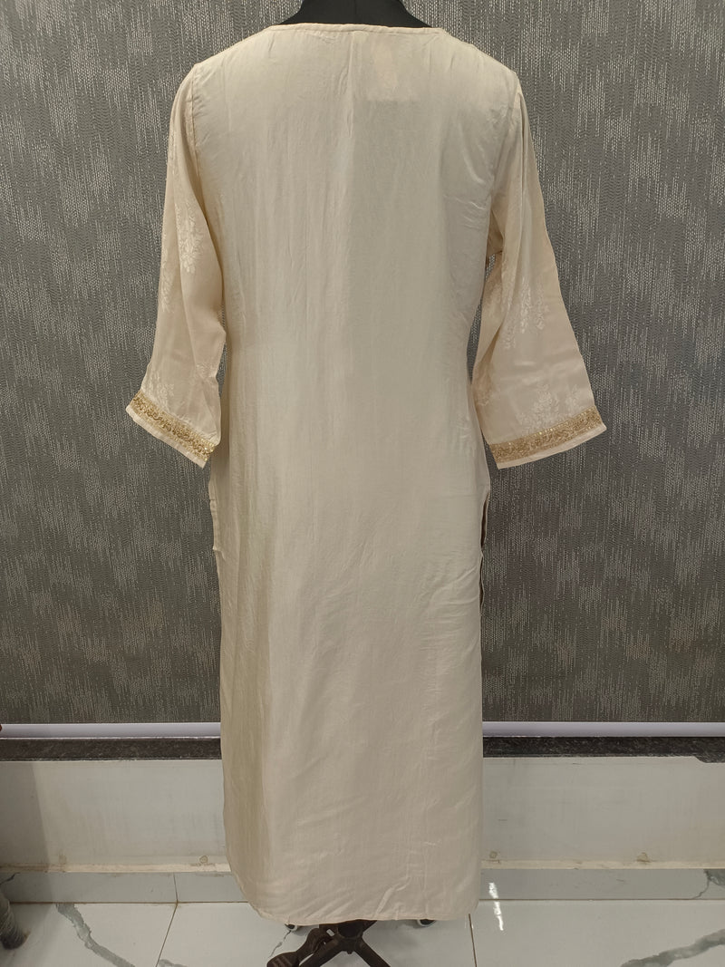 Women's Cream Embroidered Cotton Silk Kurta Set with Trousers & Dupatta