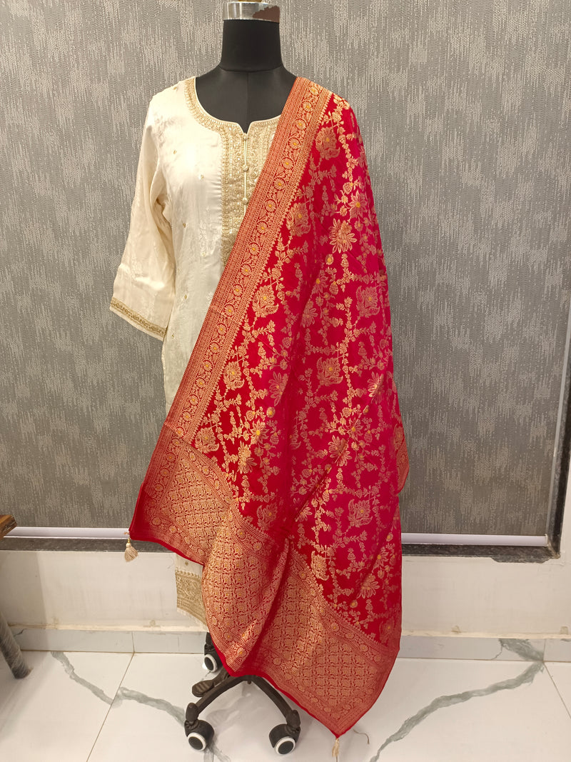 Women's Cream Embroidered Cotton Silk Kurta Set with Trousers & Dupatta