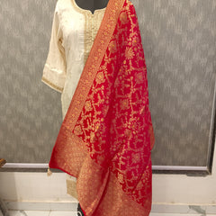 Women's Cream Embroidered Cotton Silk Kurta Set with Trousers & Dupatta