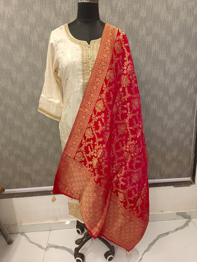 Women's Cream Embroidered Cotton Silk Kurta Set with Trousers & Dupatta