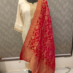 Women's Cream Embroidered Cotton Silk Kurta Set with Trousers & Dupatta