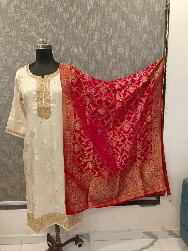 Women's Cream Embroidered Cotton Silk Kurta Set with Trousers & Dupatta
