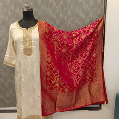 Women's Cream Embroidered Cotton Silk Kurta Set with Trousers & Dupatta