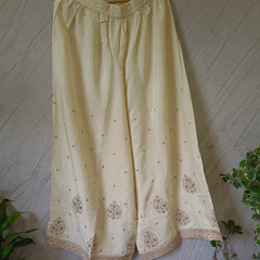Women's Cream Embroidered Cotton Silk Kurta Set with Trousers & Dupatta
