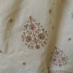 Women's Cream Embroidered Cotton Silk Kurta Set with Trousers & Dupatta