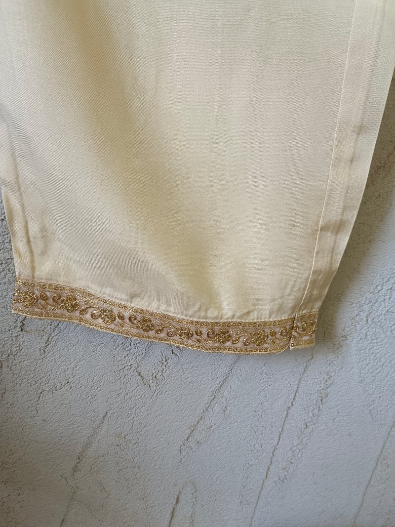 Women's Cream Embroidered Cotton Silk Kurta Set with Trousers & Dupatta